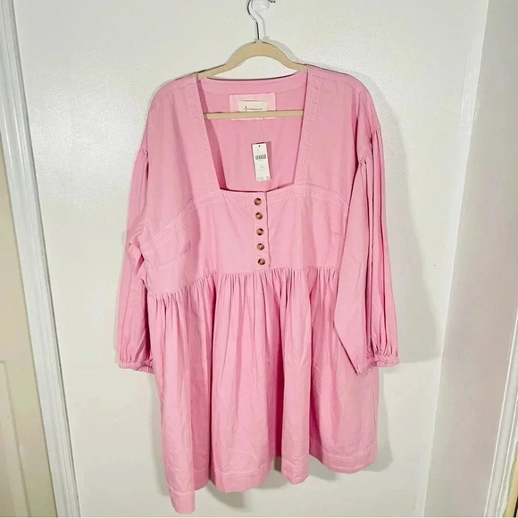 NWT Anthropologie Long-Sleeve Square-Neck Denim Babydoll Mini Dress Pink Size 2X - Picture 2 of 8